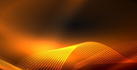 Glowing abstract wave on dark, shiny motion, magic space light. Techno abstract background