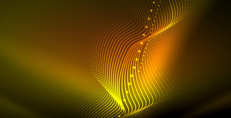 Glowing abstract wave on dark, shiny motion, magic space light. Techno abstract background