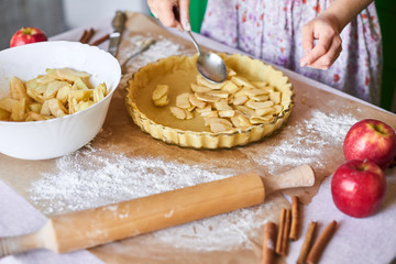 Fototapeta na wymiar woman adds sliced apples to apple pie. Woman hands working a pie dough in a tray, on a kitchen table, surrounded by pumpkin pie ingredients. Traditional pies baking