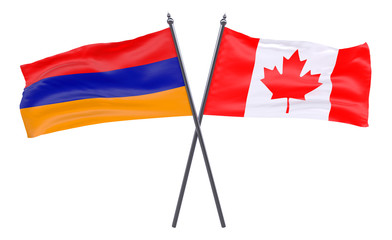 Armenia and Canada, two crossed flags isolated on white background. 3d image
