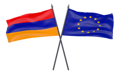 Armenia and EU, two crossed flags isolated on white background. 3d image