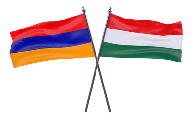 Armenia and Hungary, two crossed flags isolated on white background. 3d image