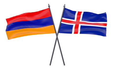 Armenia and Iceland, two crossed flags isolated on white background. 3d image