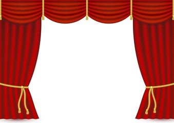 Vector realistic red stage curtains. Luxury silk velvet curtains with drapery, tied with golden cord. Portiere drapes for ceremony performance, theater, opera scene backdrop, concert, grand opening.