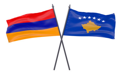 Armenia and Kosovo, two crossed flags isolated on white background. 3d image