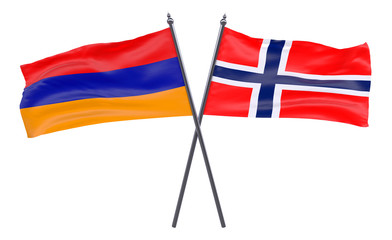 Armenia and Norway, two crossed flags isolated on white background. 3d image