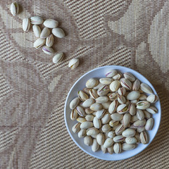 Healthy food  for background image close up pistachios nuts. Texture on top view Nuts pistachio on the cup plate