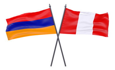 Armenia and Peru, two crossed flags isolated on white background. 3d image
