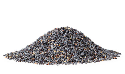 Pile of poppy seeds close-up on a white. Isolated.