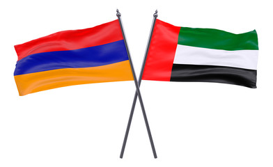 Armenia and UAE, two crossed flags isolated on white background. 3d image