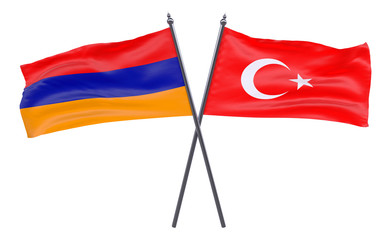 Armenia and Turkey, two crossed flags isolated on white background. 3d image