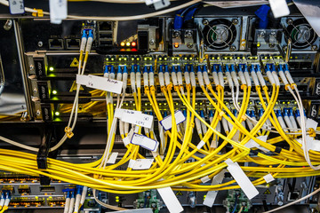 Fiber optic connecting on core network swtich operations center, close up