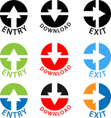 Entry, download and exit vector icons. Flat design 