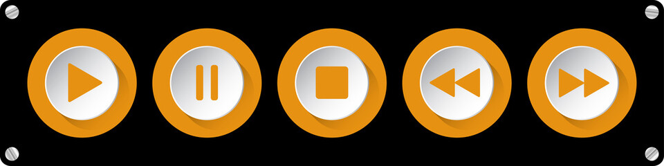 orange, white music control buttons with screws