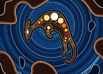 Aboriginal art vector painting with kangaroo. Illustration based on aboriginal style of landscape dot background.