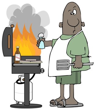 Ethnic man grilling hamburgers