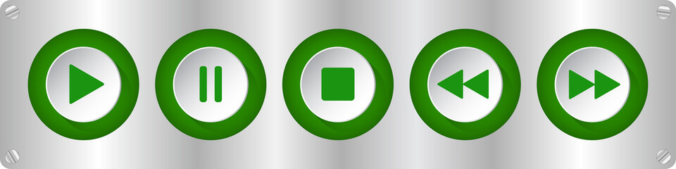 green, white music control buttons with screws