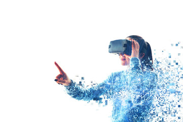 The woman with glasses of virtual reality. Future technology concept. Modern imaging technology....