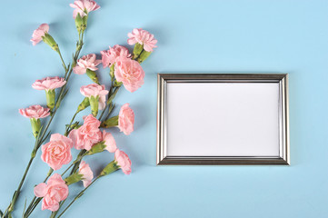 Pink carnation flowers and a horizontal frame for a photo on a blue background. The concept of congratulations on the holiday. View from above.