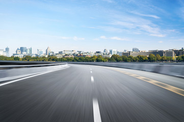 Empty road floor surface with modern city landmark buildings of hangzhou bund Skyline,zhejiang,china