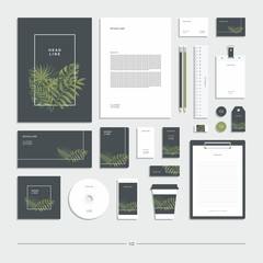 Tropical corporate identity with exotic jungle leaves. Stationery set.