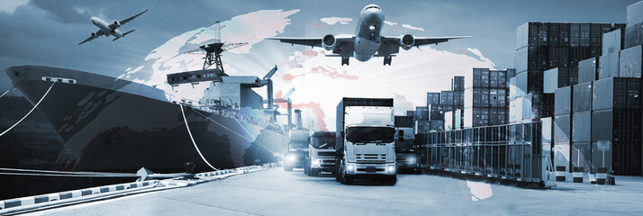 Double exposure of  logistic network distribution on background and Logistics Industrial Container...