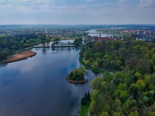 Fototapeta na wymiar Aerial view of castle and park in Nesvizh, Minsk Region, Belarus