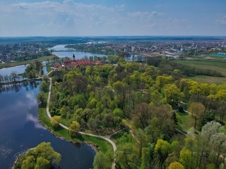 Aerial view of castle and park in Nesvizh, Minsk Region, Belarus