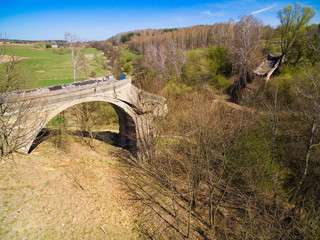Destroyed railway bridge over Sapina river, Kruklanki town in the background, Poland (former Kruglanken, East Prussia)
