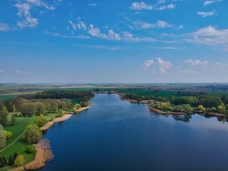 Obraz premium Aerial view of the pond in Nesvizh Park, Minsk Region, Belarus