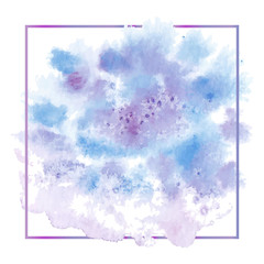vector hand painted abstract watercolor painting - blue purple violet colored stain isolated on white background with thin gradient square frame