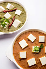 spinach cheese cottage and paneer butter masala served in bowl, selective focus
