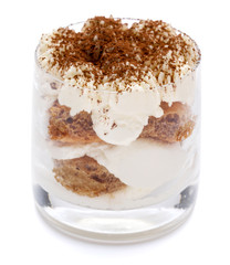 Classic tiramisu dessert in a glass isolated on a white background with clipping path