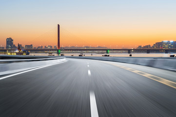 Empty road floor surface with modern city landmark buildings of hangzhou bund Skyline,zhejiang,china