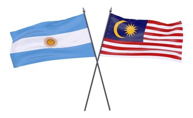 Argentina and Malaysia, two crossed flags isolated on white background. 3d image