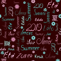 Vector seamless pattern with the words summer 2019 in different languages of nations of the world