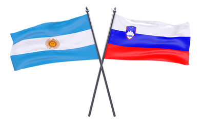 Argentina and Slovenia, two crossed flags isolated on white background. 3d image