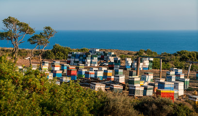 mediterranean beehives in front of the ocean, Kefalonia Greece