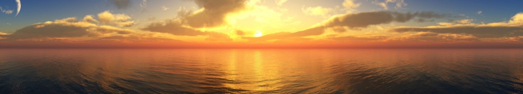 beautiful panorama of the sea sunset, the sun among the clouds above the ocean surface