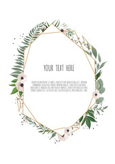 Floral wreath with green eucalyptus leaves, flower rose, anemone . Frame border with copy space