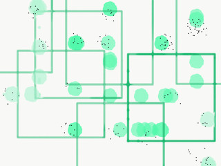 Abstract background with geometric green shapes and blue spots. hand drowing raster illustration for design and decoration.