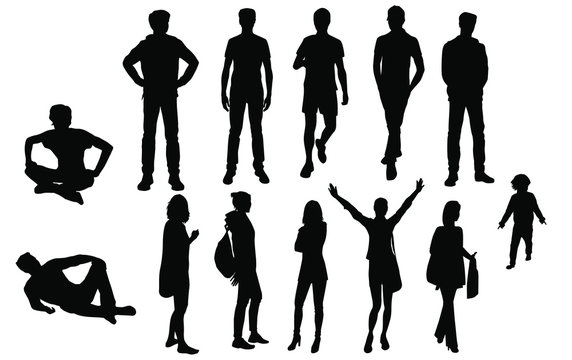 Set silhouettes men, woman and child standing, sitting, with backpack, with hands up, group of people, vector, black color isolated on white background