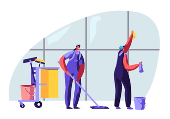 Cleaning Service Female Characters Sweeping and Mopping Floor with Mop, Washing Window with Rag. Other Equipment Standing on Trolley. Professional Cleaning Company. Cartoon Flat Vector Illustration
