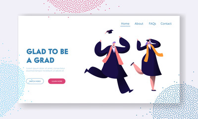 Happy Students Celebrating Graduation, End of Education. Cheerful Man and Woman in Academical Cap and Gown Laughing and Jumping Website Landing Page, Web Page. Cartoon Flat Vector Illustration, Banner
