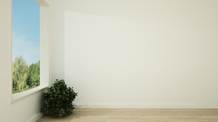 The interior minimal hotel relax space 3d rendering and nature view background	