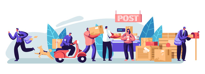 People in Post Office Send Letters and Parcels. Postmen Deliver Mail and Packages to Customers. Mail Delivery Service, Postage Transportation. Profession, Occupation. Cartoon Flat Vector Illustration