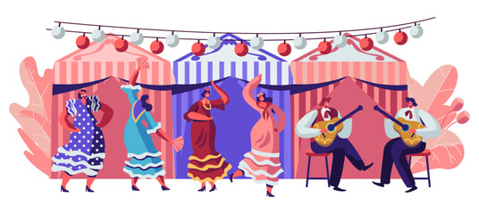 Mexico Dancers at Cinco De Mayo Festival. Mexican and Latin Music Folk Celebration. Girls in Traditional Dresses Dancing at Music Playing with Guitarist in Sombrero Cartoon Flat Vector Illustration