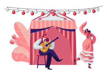 Mexican Girl in Traditional Dress Dancing at Music Playing with Guitarist in Sombrero during Cinco De Mayo Festival near Decorated Fairy Tent. Latin Folk Celebration. Cartoon Flat Vector Illustration