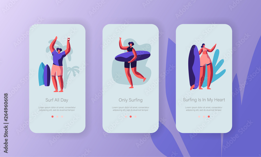 Poster surfing recreation in ocean mobile app page onboard screen set