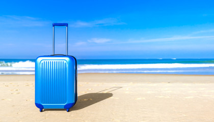 Suitcase on sea beach. Travel baggage concept. Copy space. Holiday, rest, recreation, relaxation. 3D rendering illustration